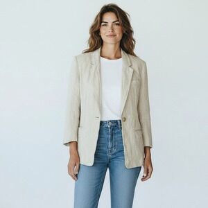 Adolfo Studio Blazer Jacket Womens 6P‎ Beige Linen Coastal Minimalist Neutral